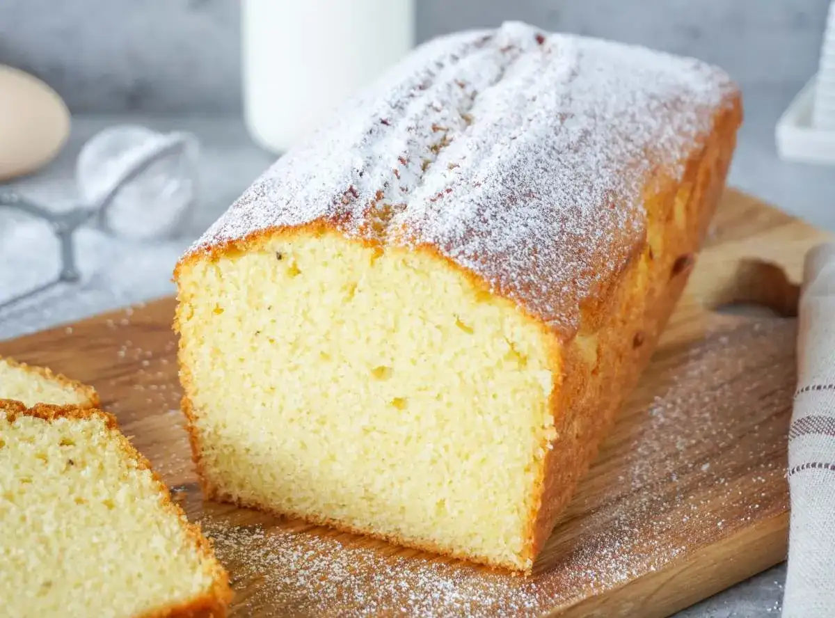 Ein saftiger, goldbrauner Kuchen, bestäubt mit Puderzucker. Perfekt für einen schnellen und einfachen Sonntagskuchen.